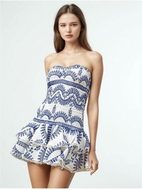 Fancy Navy & White Smocked Ruffle Mini Dress - Size Medium - Like New